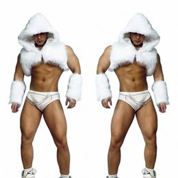 nightclub Party Muscle Man Gogo Dancing Performance Wear White Faux Fur Vest Backing Dancer Outfit Pole Dance Cosutme VDB4936 a8YU#