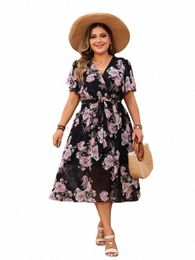 plus Size Summer Fr Print Midi V-Neck Dr Women Loose Ruffle Pleated Ladies Dres Fi Short Sleeve Woman Dr s8If#