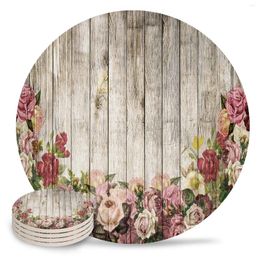 Table Mats Wood Grain Flower Retro Round Coffee Kitchen Accessories Absorbent Ceramic Coasters