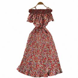 yuoomuoo Romantic Floral Print Lg Dr Women Vacati Fi Off Shoulders Straps Pleated Summer Dr Black Party Vestidos 75EI#