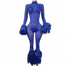 blue Furry Jumpsuit Women Lg Sleeve Skinny Fringe Leotard Sexy Mesh Stage Wear DJ Singer Dancer Party Show Costume Guibin D5Nd#