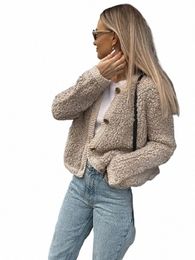 lamb Wool Women Coat O-neck Lg Sleeve Single Breasted Female Short Jacket 2023 Autumn Winter Fi Strert Loose Lady Outwear c9tG#