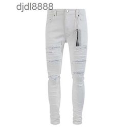 Men's designer pants Trendy off amira jeans mens white distressed patch worn out small foot slim fit denim