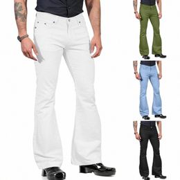 vintage Jeans Pants Solid Color Stretchy Slim Fit Mid-rise Bell Bottom Trousers Fiable Men Flared Pants Z77y#