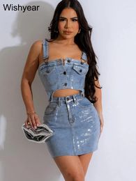 Casual Dresses Sexy Spaghetti Strips Stamping Removable Denim Dress Women Summer Sleeveless Streetwear Wrap Hip Strap Mini