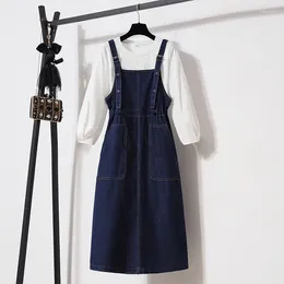 Casual Dresses Denim Strap Skirt Women Spring Autumn Elastic Waist A-line Pullover Mid Length Suspended Dress Fashion Office Lady