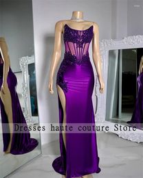 Party Dresses Purple Strapless Prom Dress For Black Girls 2024 Beaded Appliques Mermaid Wedding Sexy Side Slit Birthday