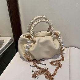 Evening Bags Pleated Small Totes With Woven Handle 2024 Summer PU Leather Women's Designer Handbag Pearl Chain Shoulder