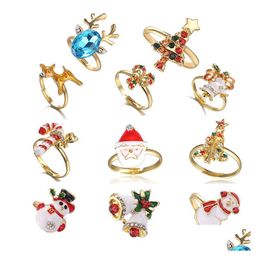 With Side Stones European And American Fashion Enamed Christmas Rings Womens 18K Gold Tree Bell Snowman Adjustable Ring Drop Delivery Dhiy1