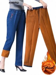 winter Plush Veet Lined Jeans Straight Denim Pants Mom High Waist Embroided Baggy Vaqueros Vintage Thicken Warm Kot Pantol 86rB#