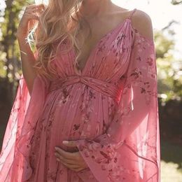 Maternity Dresses Photoshot Womens Summer Flower Thin Chiffon Ankle Length Pregnant Womens Dress Sukienka Womens Belly Beach DressL2403