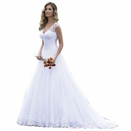 jiayigg Pure White Wedding Dr for Women Bride Elegant Cap Sleeve V Neck Lace Tulle Robe De Mariee Butt A Line Bridal Gown D1hC#