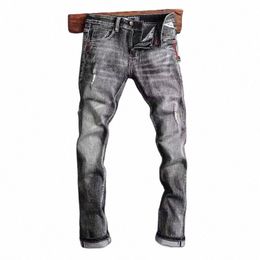 italian Style Fi Men Jeans Retro Grey Elastic Slim Fit Ripped Jeans Men Trousers Vintage Designer Casual Denim Pants Hombre B4yQ#