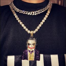 Fashion Iced Out Large Cartoon Clown Cosplay Pendant Necklace Mens Hip Hop Necklace Jewellery 76cm Gold Cuban Chain For Men Women264A