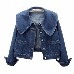 2024 New Women Denim Jackets Korean Sailor Collar Fi Lg Sleeves Butt Jean Coat Vintage Crop Female Casual Loose Outwear 95Vb#