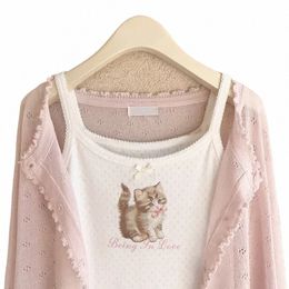 cute 2 Piece Tops Women Summer 2023 Cardigans and Crop Tops for Sweet Girls Floral Cat Print Kawaii Clothes h8m8#