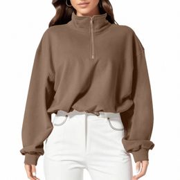 half Zip Women Overzised Hoodie Stand Collar Casual Sweatshirts Lg Sleeve Hip Hop Loose Fit Thumb Hole Autumn Jacket Coats R96k#