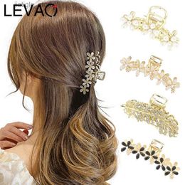 Hair Clips LEVAO Women Elegant Rhinestone Alloy Hair Claw Metal Flower Fashion Headwear Horsetail Crab Claw Barrettes Hair Accessories Y240329