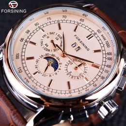 Forsining Moon Phase Shanghai Movement Rose Gold Case Brown Genuine Leather Strap Mens Watches Top Brand Luxury Auotmatic Watch Wa279f