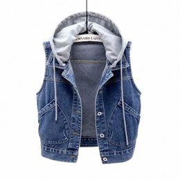 new Denim Vest Women's Spring Autumn Clothes Sleevel Wild Tops Short Hooded Jacket Women Denim Jeans Vest Jacket Female U6va#