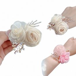 wedding Wrist Corsage Artificial Silk Rose Pearl Rhinestes Leaves Wrist Frs Bracelets Girls Bridesmaid Jewelry Accories Y8AG#