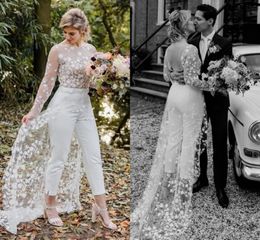 Sexy Open Back Pant Suit Wedding Party Bride Gowns 2022 Applique Lace Long Sleeves Bridal Wedding Dresses B0603G079527688