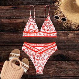 Women's Swimwear Kawaii Print Bikini Shrimp Flower V-neck High Waist Sling Swimsuit Split Women Retro Bathing Suit Vacation Beach Outfit