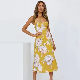 Casual Dresses Ard Elegant V Neck Floral Print A-Line Summer Midi For Women 2024 Sleeveless Sexy Backless Party Spaghetti Dress Vestido