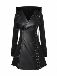 Rosegal Plus Размер Готические PU панели с капюшоном Пальто Черная тонкая верхняя одежда с отложным воротником на шнуровке Плетеная втулка с боковой молнией Куртка Пальто U7cV #