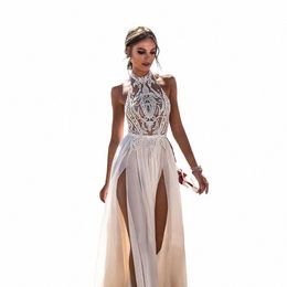 sexy High Side Slit Halter Beach 2023 Wedding Dr Boho Lace Top Chiff Skirt Lg Backl Bridal Gown for Women Vestido 737L#