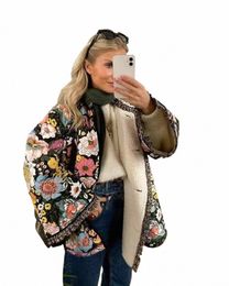vintage Print Cott Coat Women Casual Lg Sleeve Spliced Thick Parkas Warm Padded Jacket Autumn Winter Female Street Overcoat a7ia#