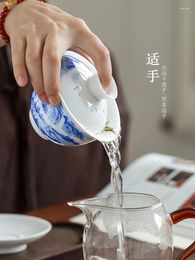 Teaware Sets Jingdezhen Hand-Painted Landscape Cover Teacup Porcelain Blue And White Three Pieces Tea Making Bowl Single