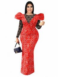 ontinva Pirnted Dres Red Lace Lg Sleeve Patchwork Sexy Bodyc Lg Prom Evening Party Event Plus Size Outfits for Women k9Hw#