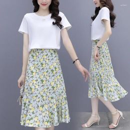 Work Dresses Two Piece Suit 2024 Summer Womens Outfits Korean Style Dress Suits Printed Short Sleeved T Shirt High Waist Chiffon Skirt