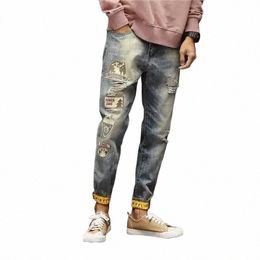 trousers Broken Ripped Male Cowboy Pants with Holes Jeans for Men Tapered Torn Print Korean Style Plus Size Classic Wed Retro v4Al#