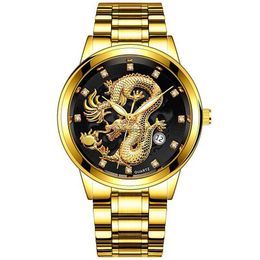 Gold embossed Golden Dragon non mechanical business alloy diamond calendar quartz mens Watch