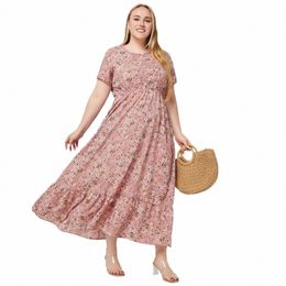plus Size Floral Print Short Sleeve O Neck Pockets Bohemian Summer Holiday Beach Dres For Women 04gr#