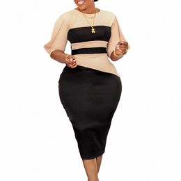 plus Size Fiable Elegant Solid Colour High Waisted Round Necked Pencil Skirt Quarter Sleeves Colour Blocking Buttocks Dr y57A#