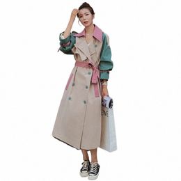 female Spring Autumn New England Style Drape Trench Coat Colour Block Windbreaker Jacket Women's Mid-Length i2dM#