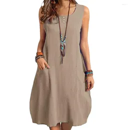 Casual Dresses Vintage Solid Summer Dress Women Beach Sundress 2024 Sleeveless Knee Length Vestidos Female Button Robe
