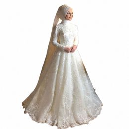 graceful Lg Sleeves Muslim Wedding Dr High Neck Lace Bridal Bride Gown Islamic Hijab Arabic Dubai Kaftan Vestidos De Novia F9Oz#