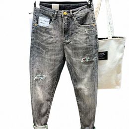grey Retro Hole Patch Casual Cropped Ripped Cowboy Fi Guy Slim Fit Korean Denim Jeans for Men Streetwear Hip Hop Pants d031#