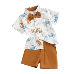 Clothing Sets Toddler Baby Boy Summer Clothes Dress Outfit Print Short Sleeve Button Down Bowtie Shirt And Shorts Set