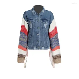 Women's Jackets Fashionable And Trendy Design Patchwork Knit Colour Blocking 2024 Autumn Trend Loose Casual Denim Jacket For Women