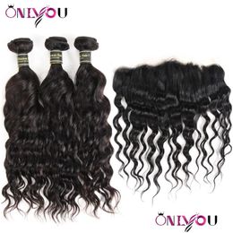 Hair Wefts Peruvian Body Wave Bundles With Lace Frontal Brazilian Deep Kinky Curly Virgin Human Weave 34 Drop Delivery Products Extens Otw2H