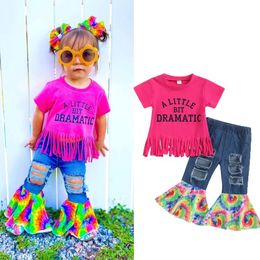 Summer Girls Tassel Short-sleeved T-shirt + Ripped Patchwork Tie-dyed Jeans Flare Two-piece Set