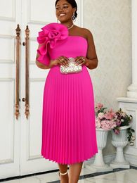 Casual Dresses Pleated Party Dress Women Elegant Pink Flower One Shoulder Midi Robes Autumn Sleeveless Lastest A Line Evening Birthday Gown