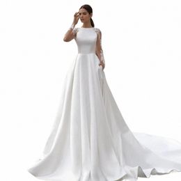 elegant Satin Wedding Dres Lg Sleeve Lace Bride Gowns Illusi Back Covered Back Vestido De Novia 2023 Simple Women's Party o5L0#