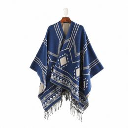 cloak Pcho Capes 2024 New Indian Nepalese Style Geometric Tassel Split Women Shawl Warm Air Cditiing Room Lady Blue y1uV#