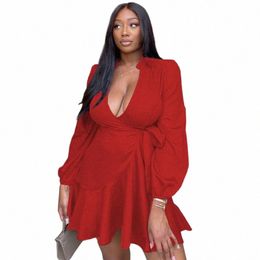 plus size Women Sexy V Neck Wrapped Dr Fi Ruffled Hem Tie Waist Party Mini Oversize Clubbing Short Vestidos Mujer S4IG#